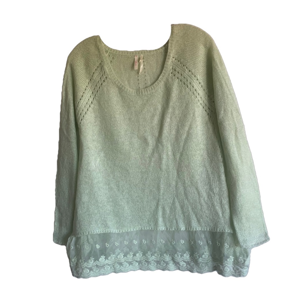 Seafoam Green Sweater With Lace Trim Detail